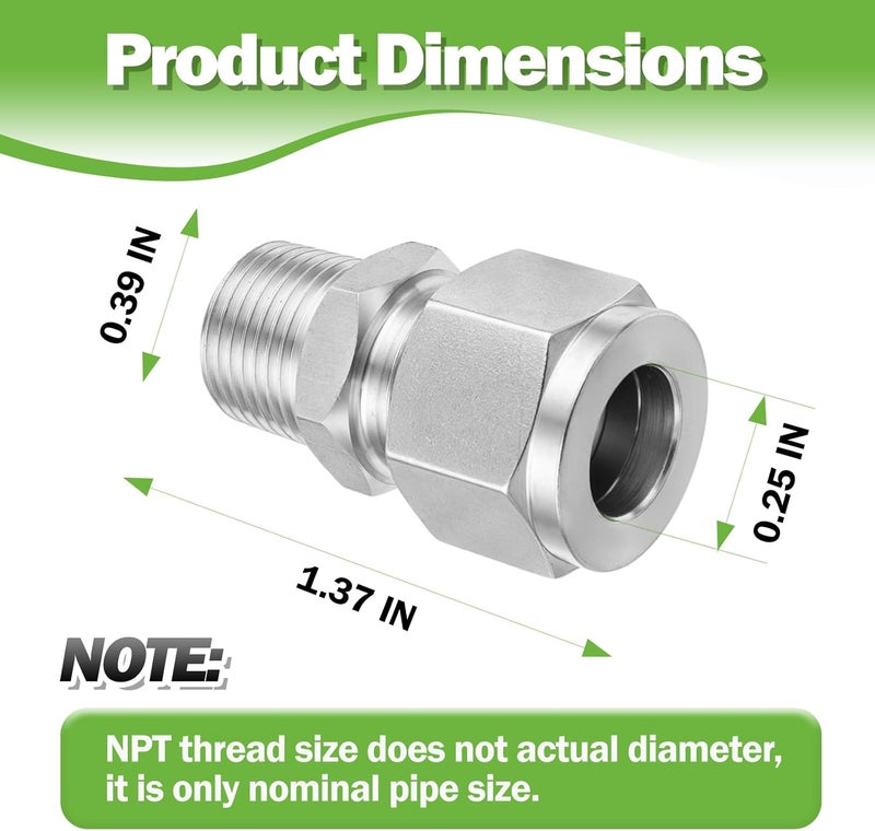 Goldpea 2PCS 304 Stainless Steel Compression Tube Fitting, 1/4" OD x 1/8" NPT Male Straight Adapter with Double Ferrules - Image 4